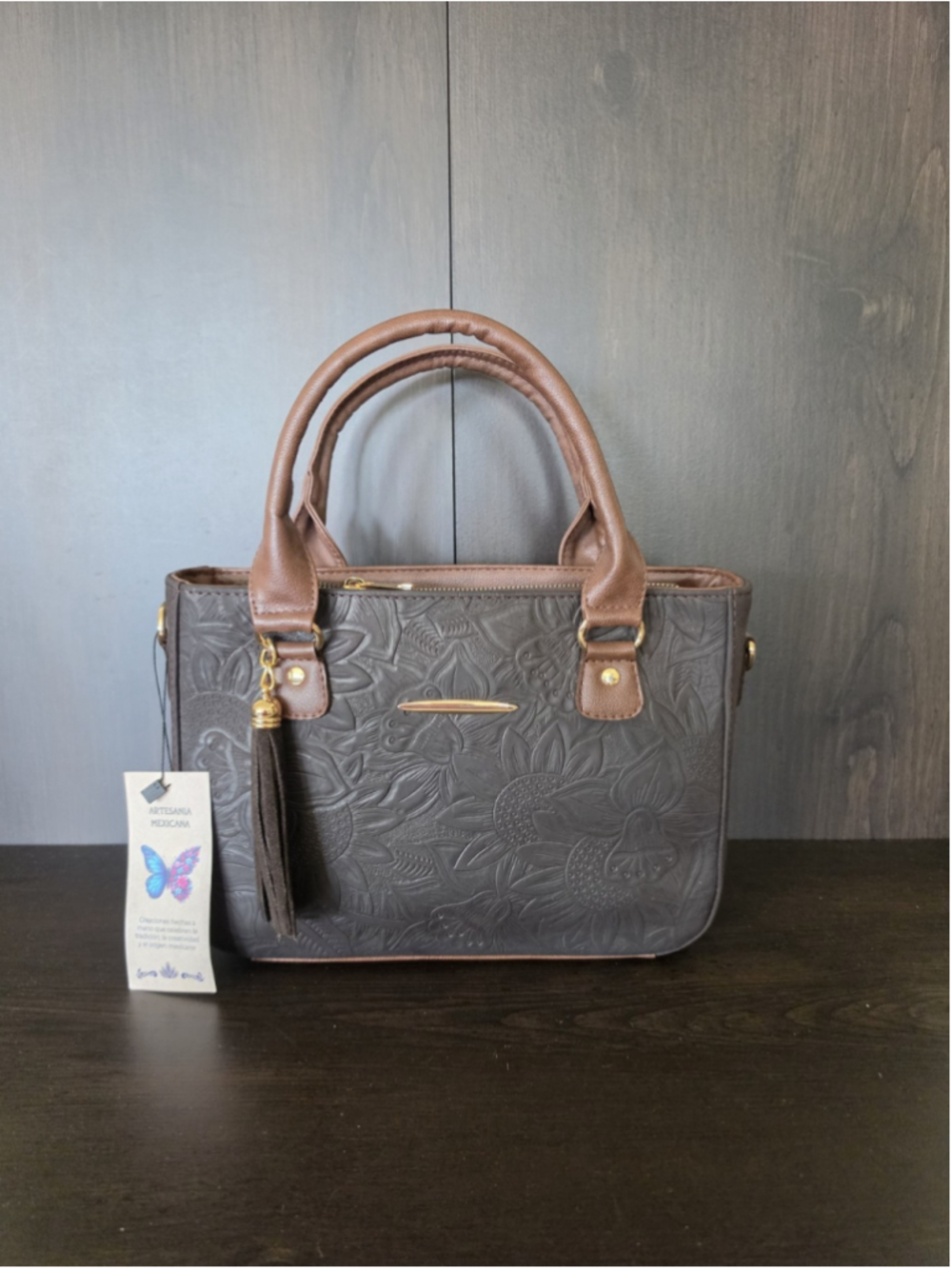 Dark Brown Tasseled Floral Embossed Tooled Artisan LEATHER Crossbody Purse Bag - Picture 4 of 16